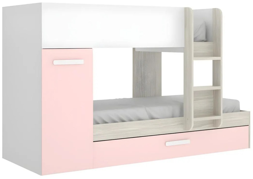 Letto a castello con cassetto letto a scomparsa e contenitori 3 x 90 x 190 cm Bianco, Naturale e Rosa - ANTHONY