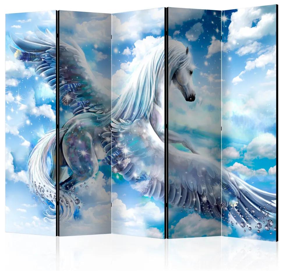Paravento design Pegaso (blu) II (5 parti) - cavallo alato e cielo blu