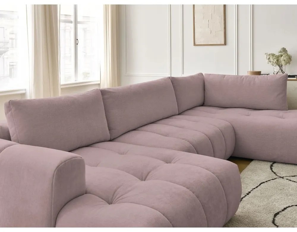 Divano angolare rosa allungabile e con contenitore (penisola a destra/a U) con rivestimento in ciniglia Fuji – Bobochic Paris