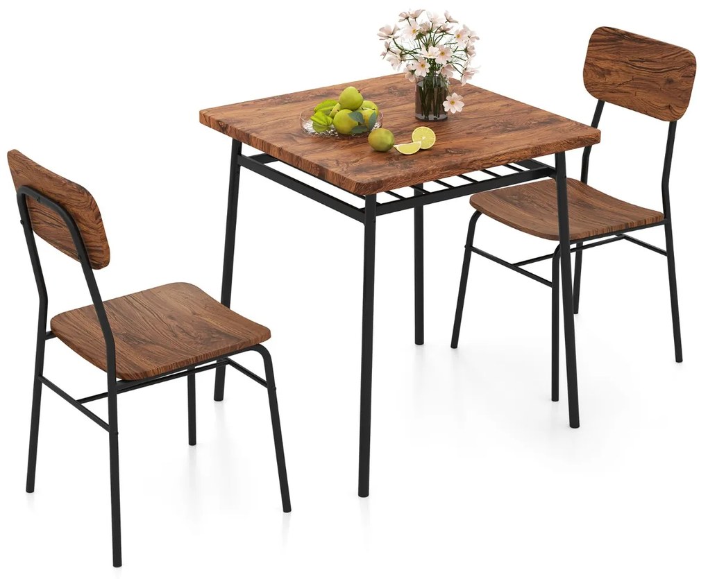 Costway Set da pranzo 3 pezzi per angolo colazione, Tavolo e sedie da cucina quadrato con scaffale di stoccaggio Caffè