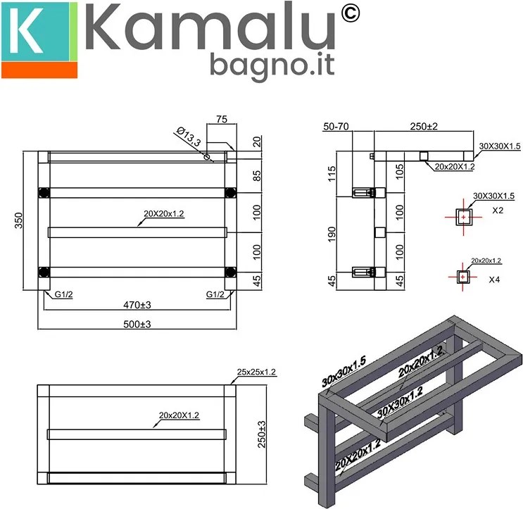 Scaldasalviette termoarredo mensola 350x500mm modello KAM-D1000 - KAMALU