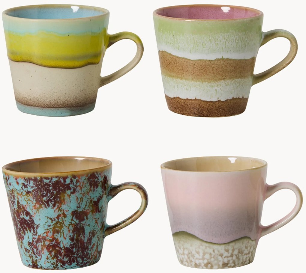 Set di 4 tazze fatte a mano con smalto reattivo 70's