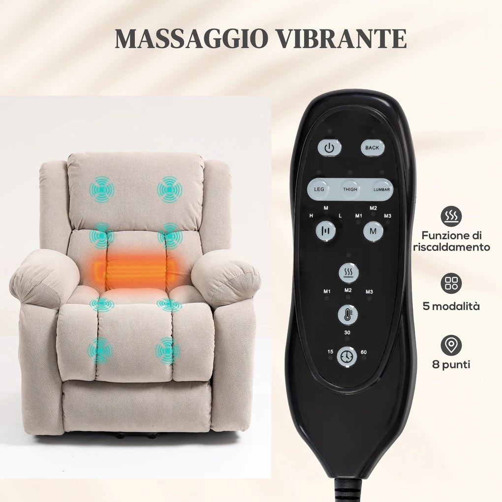 Poltrona Alzapersona Massaggiante e Reclinabile 93x104x105 cm con Telecomando in Tessuto Effetto Velluto Beige...