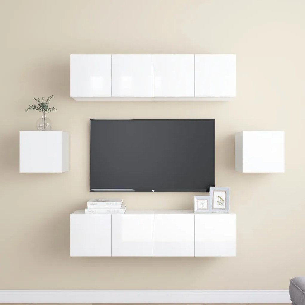 Set Di Mobili Porta Tv 6 Pz Bianco Lucido İn Legno Multistrato /