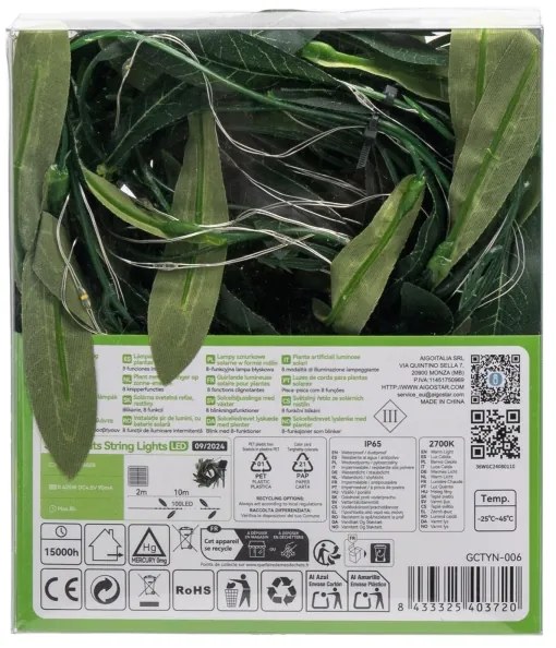 Aigostar - Catena solare LED 100xLED/12m IP65 bianco caldo olive