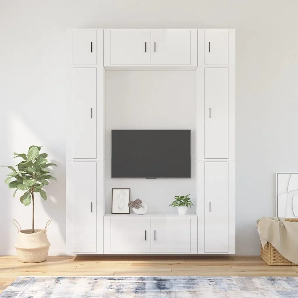 Set Mobili Porta Tv 8pz Bianco Lucido İn Legno Multistrato /