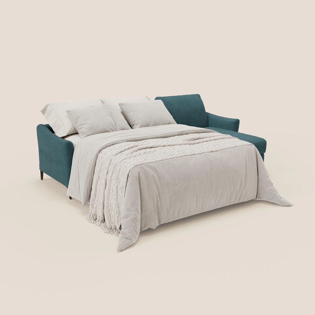 Dalia divano letto angolare con materasso alto 18 cm piedini alti e penisola contenitore in tessuto smacchiabile T17