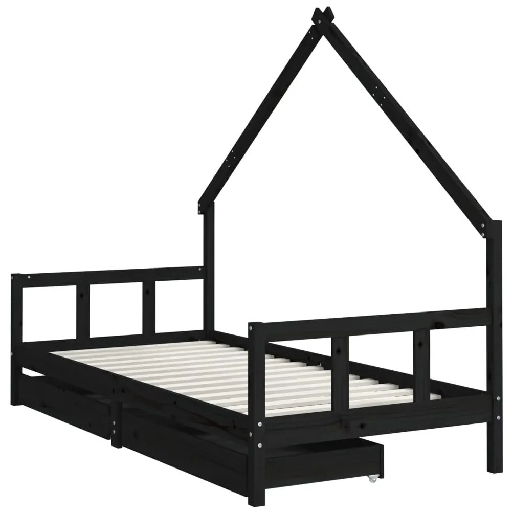 Giroletto bambini con cassetti nero 90x200cm massello di pino