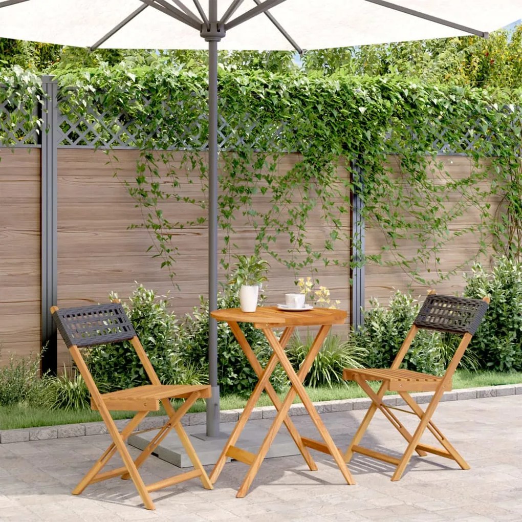 Set da bistrot 3 pz nero in polyrattan e legno massello