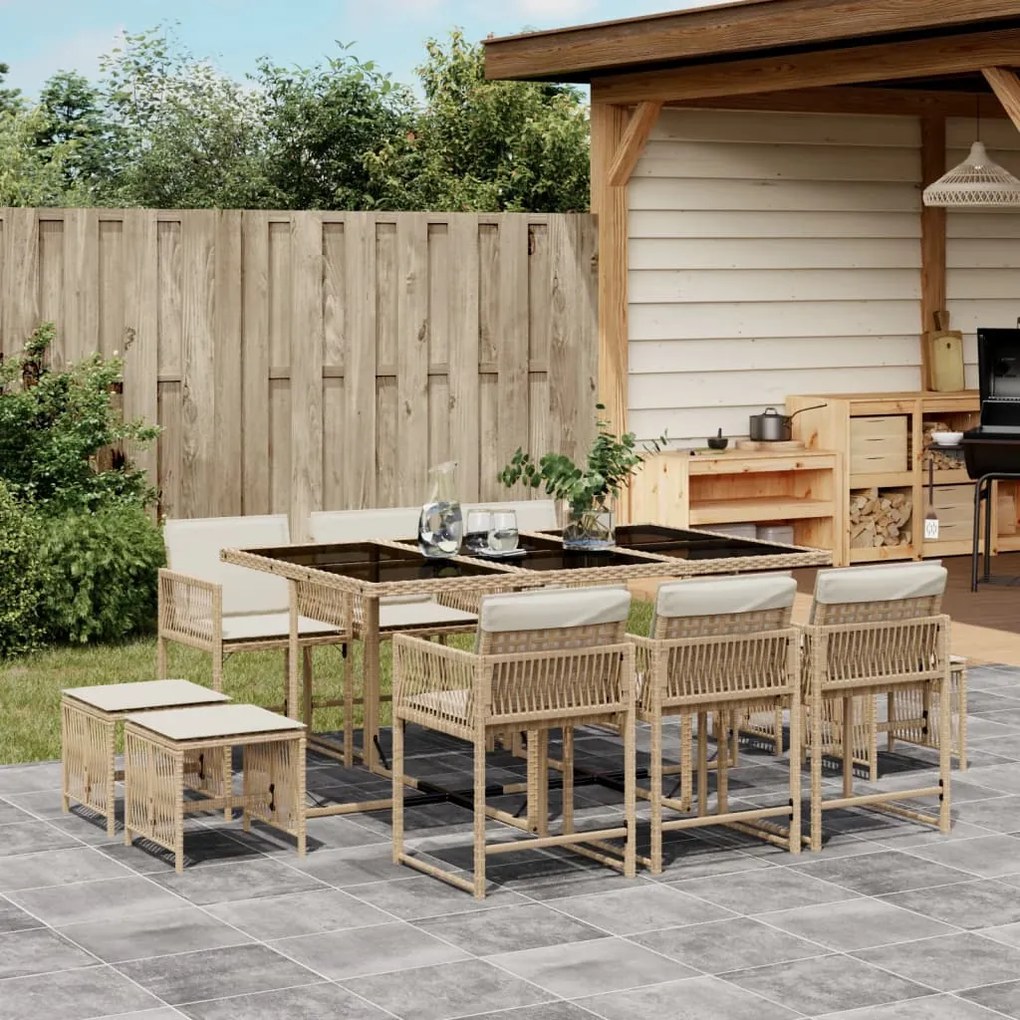 Set da pranzo da giardino 11 pz con cuscini beige in polyrattan