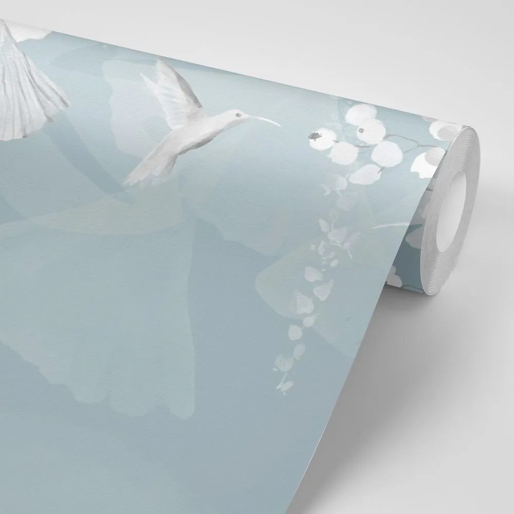 Carta da parati – Foglie con Colibrì in Blu-Grigio