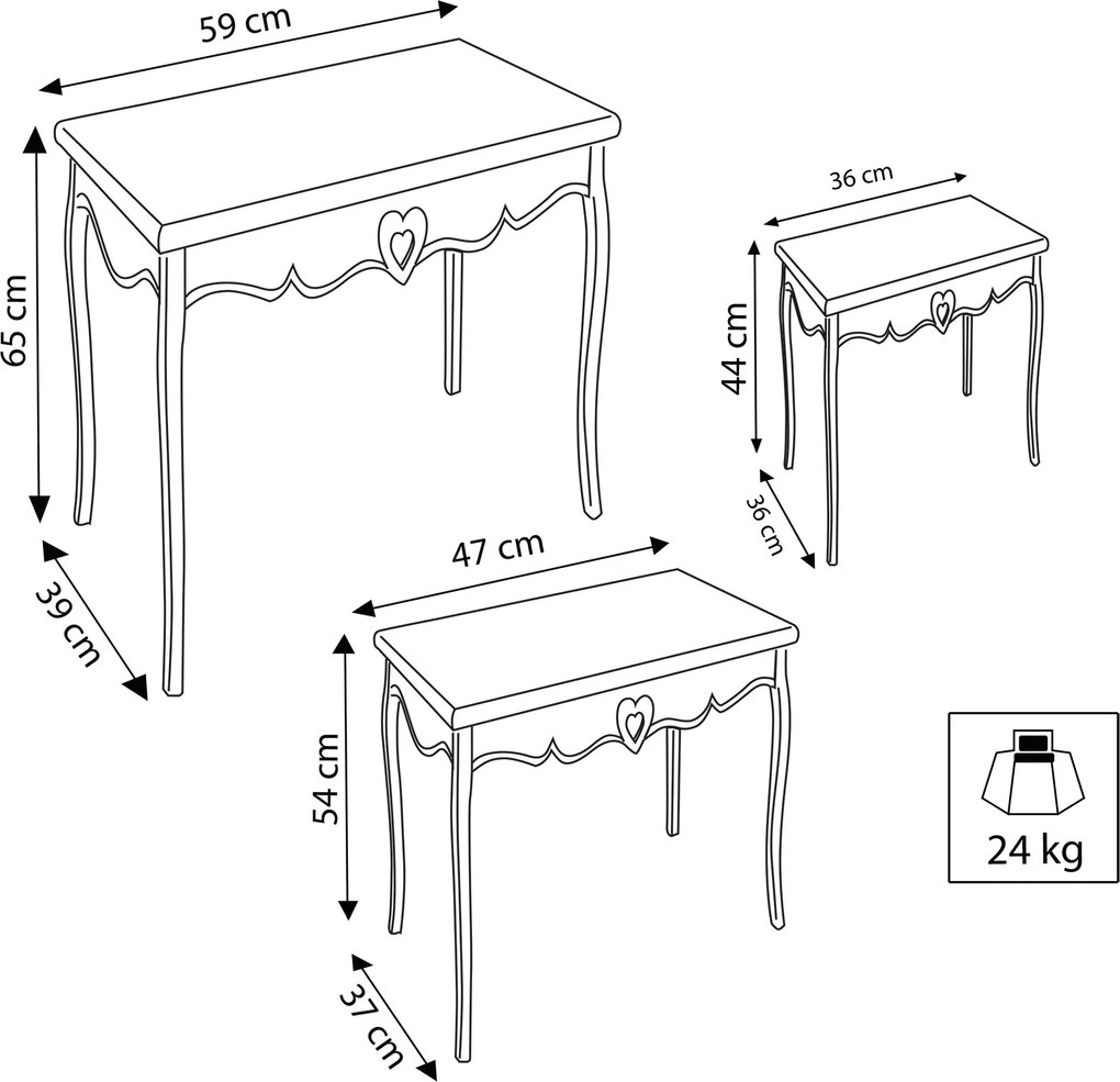 ROLAND - set 3 tavolini in legno di paulownia shabby chic