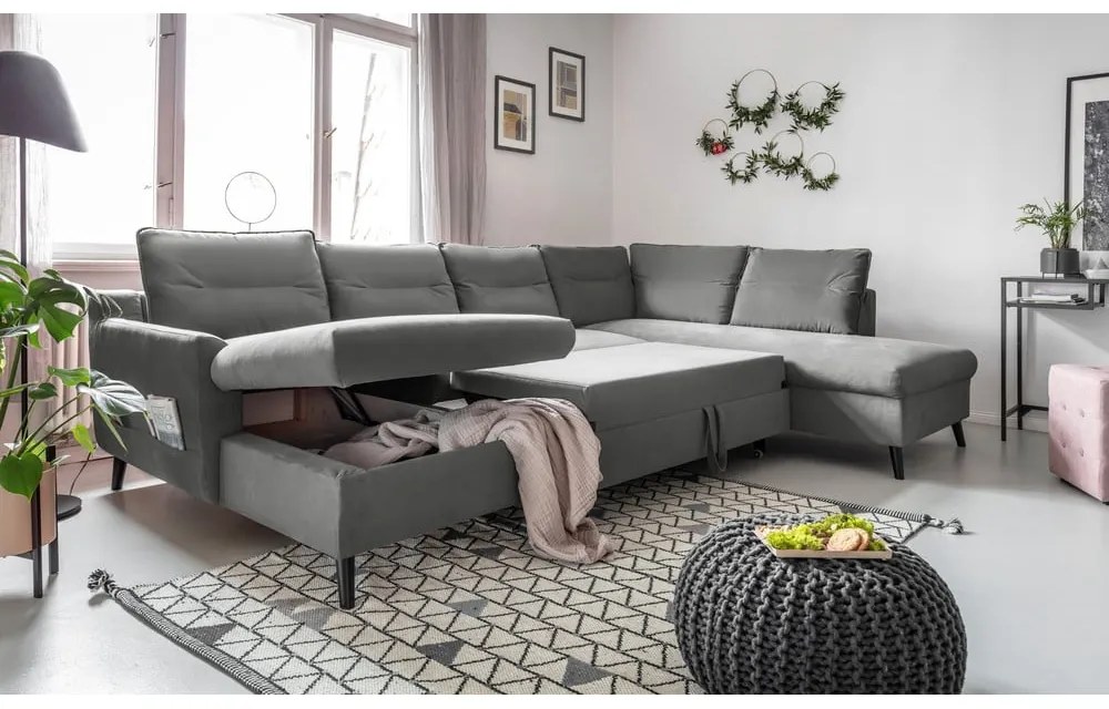 Divano letto a U in velluto grigio chiaro, angolo destro Stylish Stan - Miuform