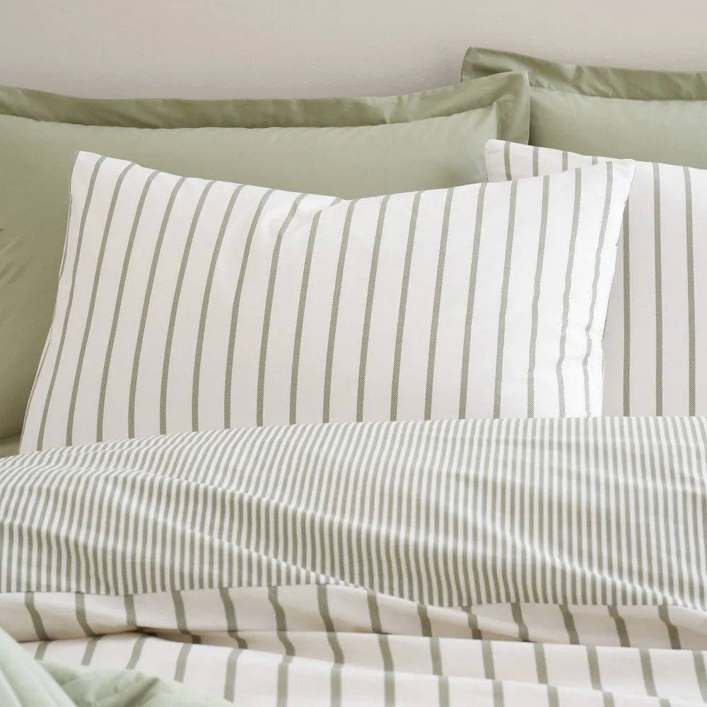 Set copripiumino e federa verde e color crema in cotone per letto matrimoniale 200x200 cm Hampton Stripe – Bianca