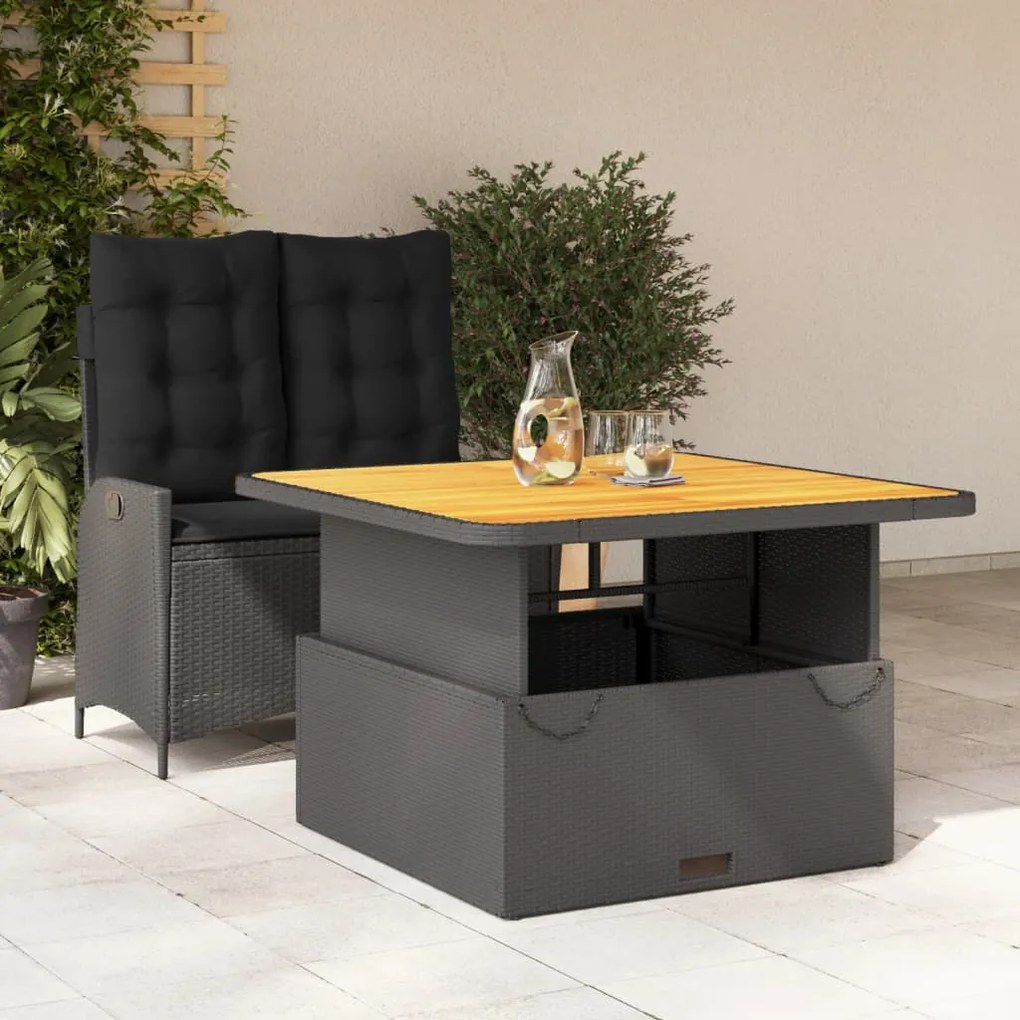 Set da pranzo da giardino 2 pz con cuscini nero in polyrattan