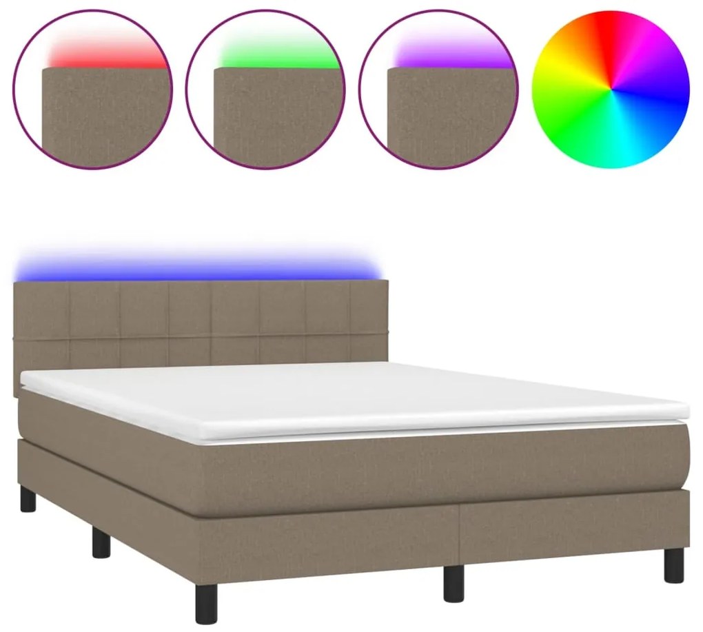 Letto a Molle con Materasso e LED Tortora 140x190 cm in Tessuto