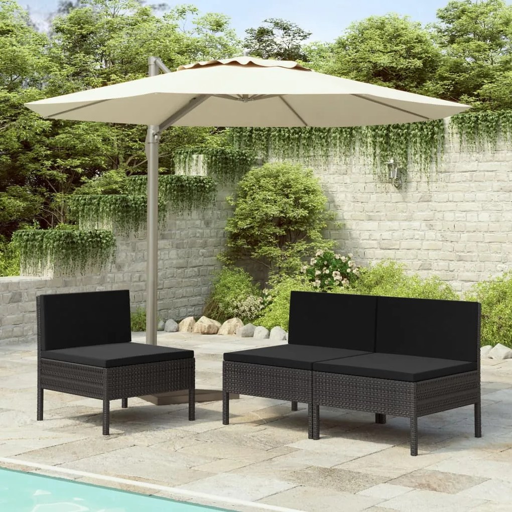 Sedie da giardino 3 pz con cuscini in polyrattan nere