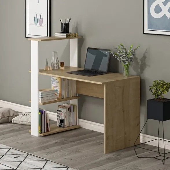 Scrivania Libreria Con Ripiani Laterali 60x120x112H Bianco E Rovere Chiaro Node