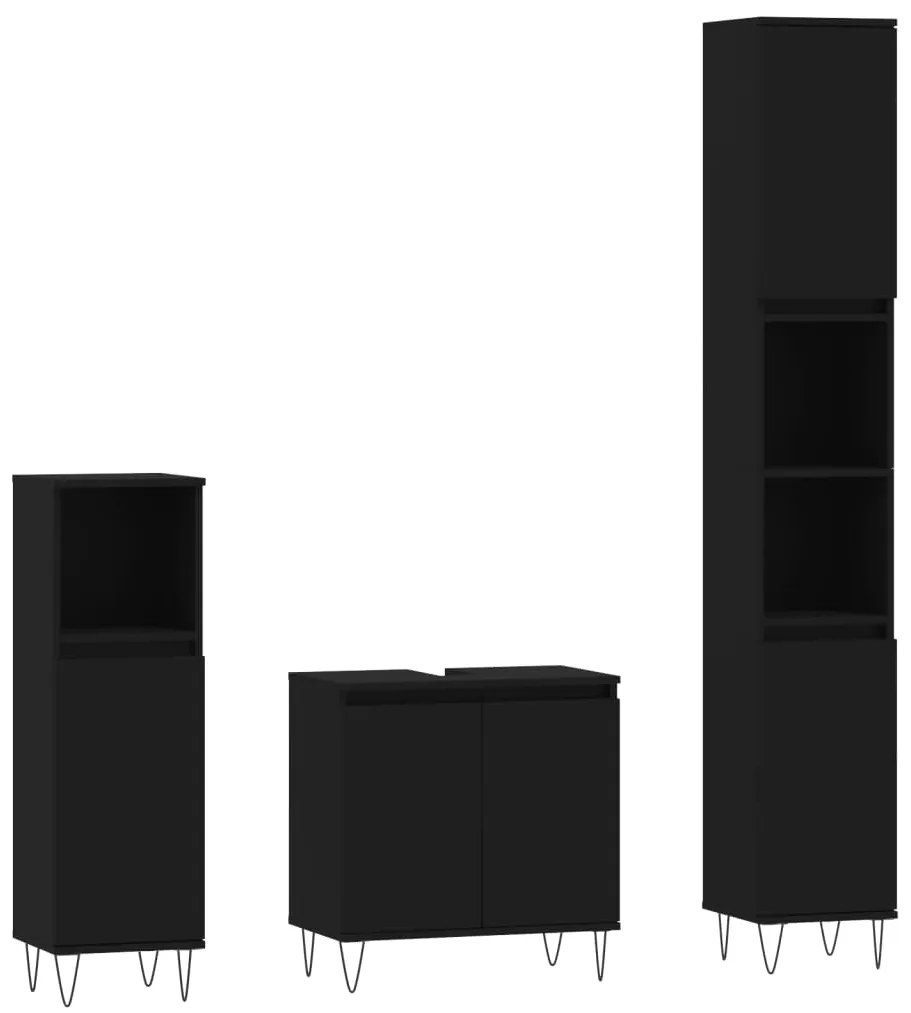 Set di mobili da bagno 3 pz nero in legno multistrato