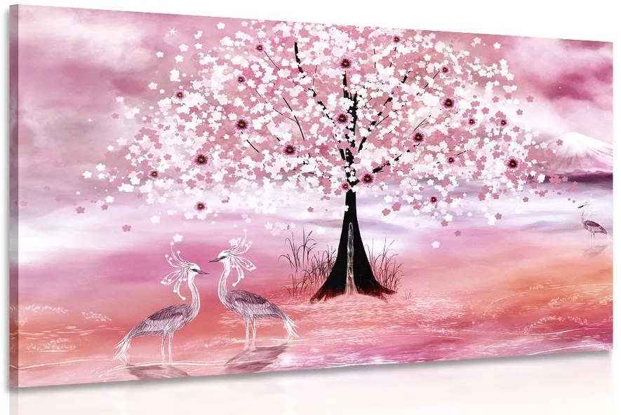 Stampa su tela – Aironi sotto un albero magico in versione rosa