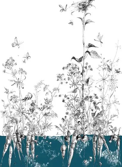 Edmond Petit Carta da parati Lièvres/Fenouil/Tournesol - Bleu - Tournesol Droit - Bleu