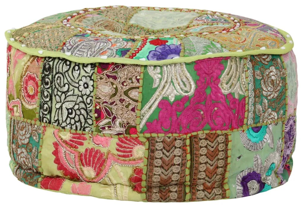 Pouf patchwork rotondo fatto a mano in cotone 40x20 cm verde
