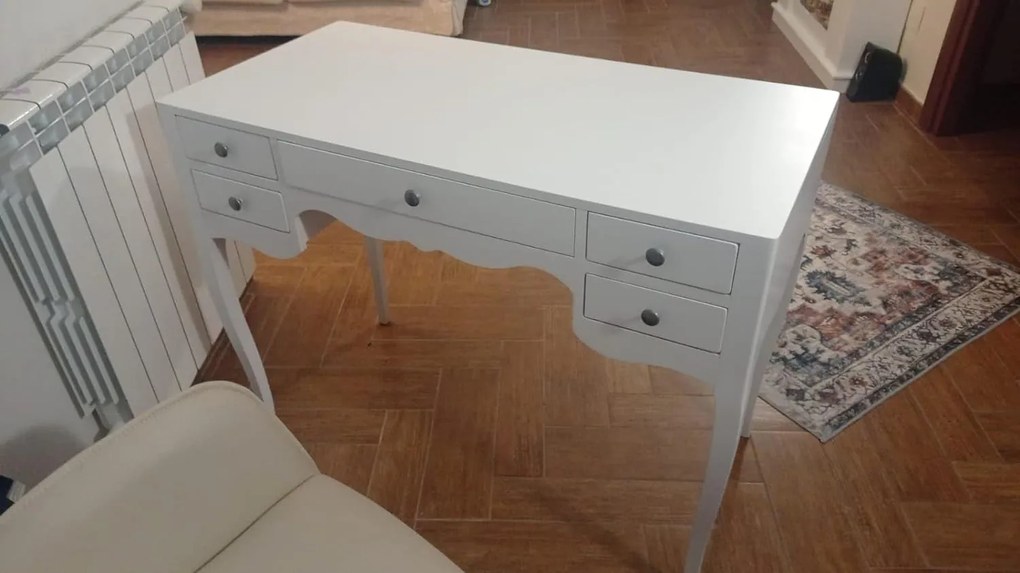 Scrittoio con 5 cassetti classica in legno massello bianco opaco