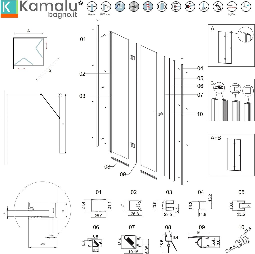 Box doccia 140x80 cm apertura soffietto 80 cm e lato fisso 140 cm| KS7000 - KAMALU