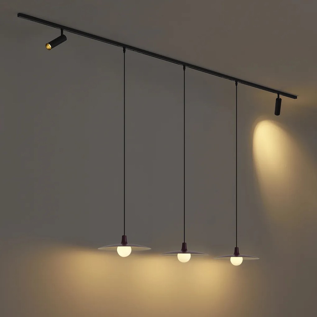 Sistema di illuminazione a binario moderno nero con 2 faretti e 3 lampade a sospensione viola monofase - Slimline Uzzy Panzi
