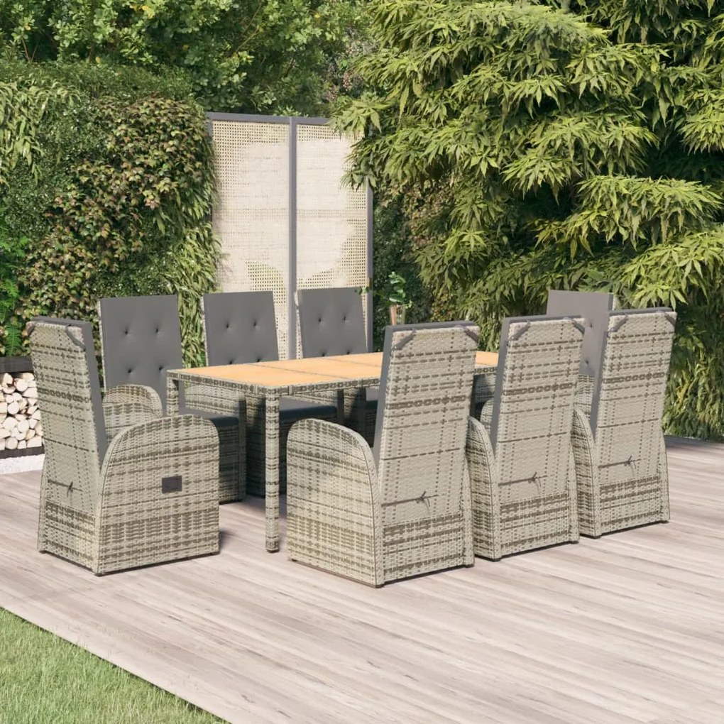 Set da pranzo da giardino 9 pz con cuscini in polyrattan grigio