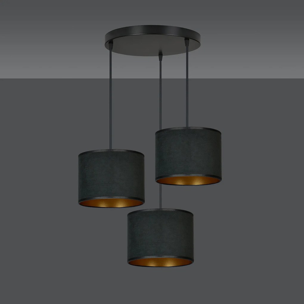 Lampadario Tondo 3 Luci Ganesha In Acciaio Nero E Paralumi In Tessuto Nero