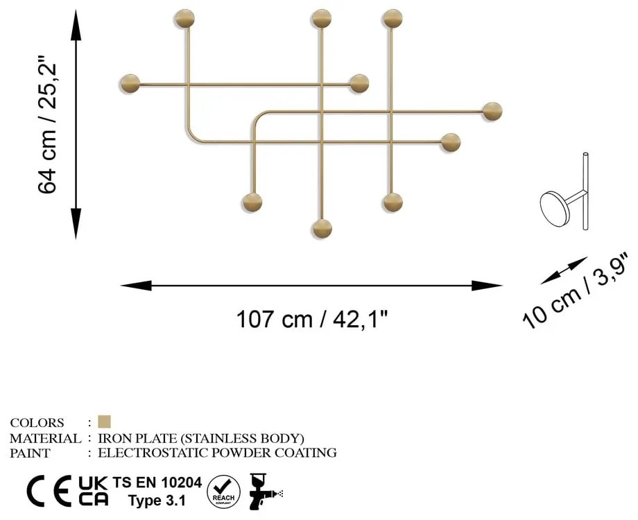 Attaccapanni da parete color oro in metallo Dama - Kalune Design