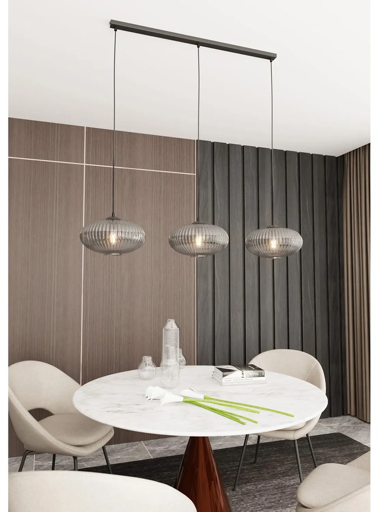 Lampadario 3 Luci Iris In Acciaio Nero Paralume Plissettato Fumè