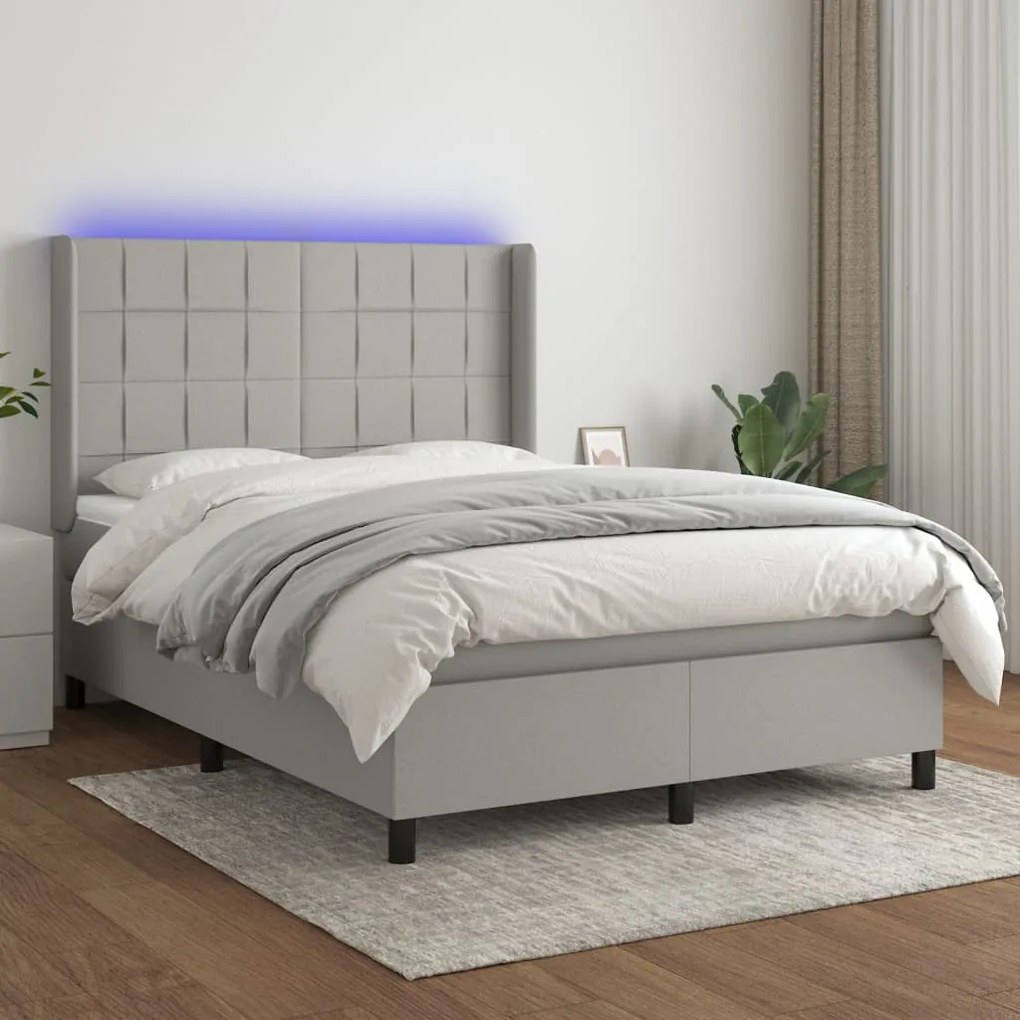 Letto a molle materasso e led grigio chiaro 140x200 cm tessuto