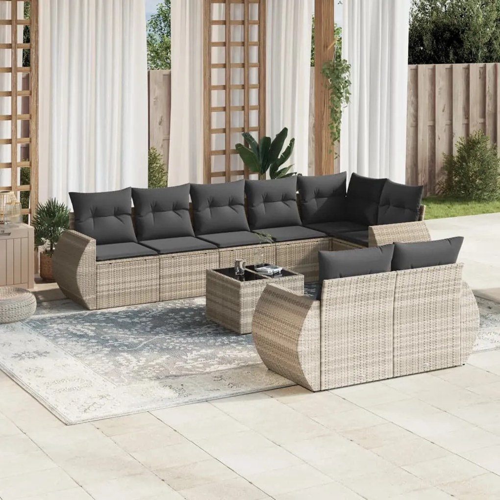 Set divano da giardino 9pz con cuscini grigio chiaro polyrattan