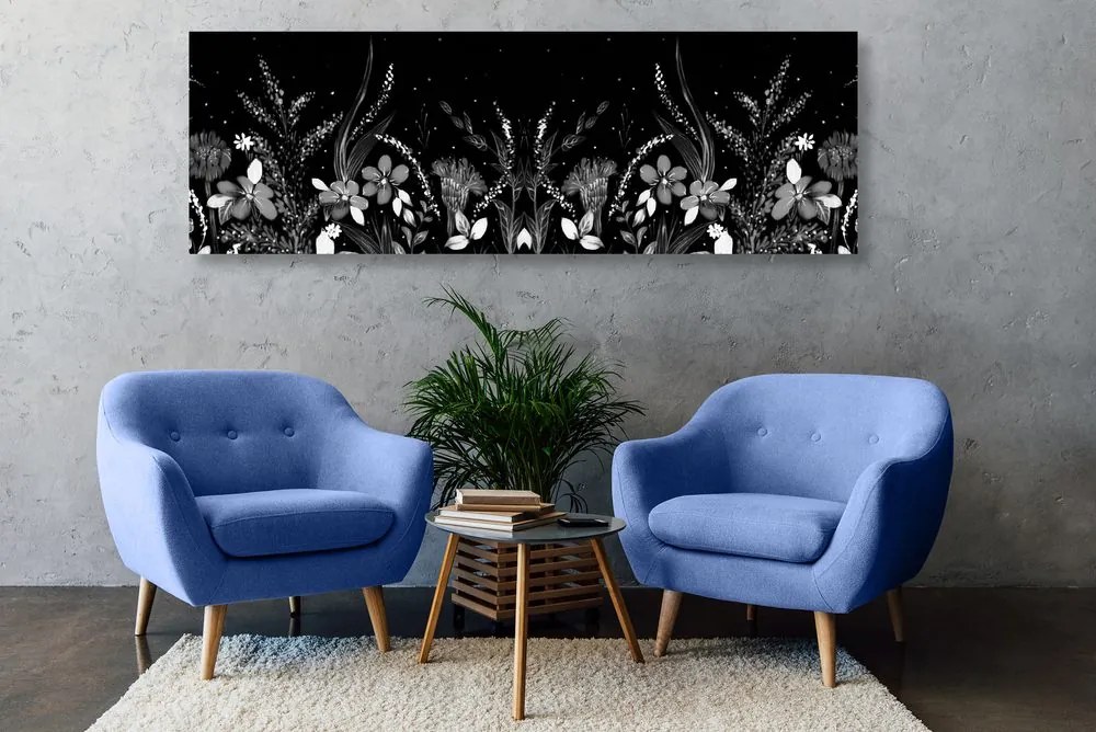 Quadro su tela – Con ornamento floreale in bianco e nero
