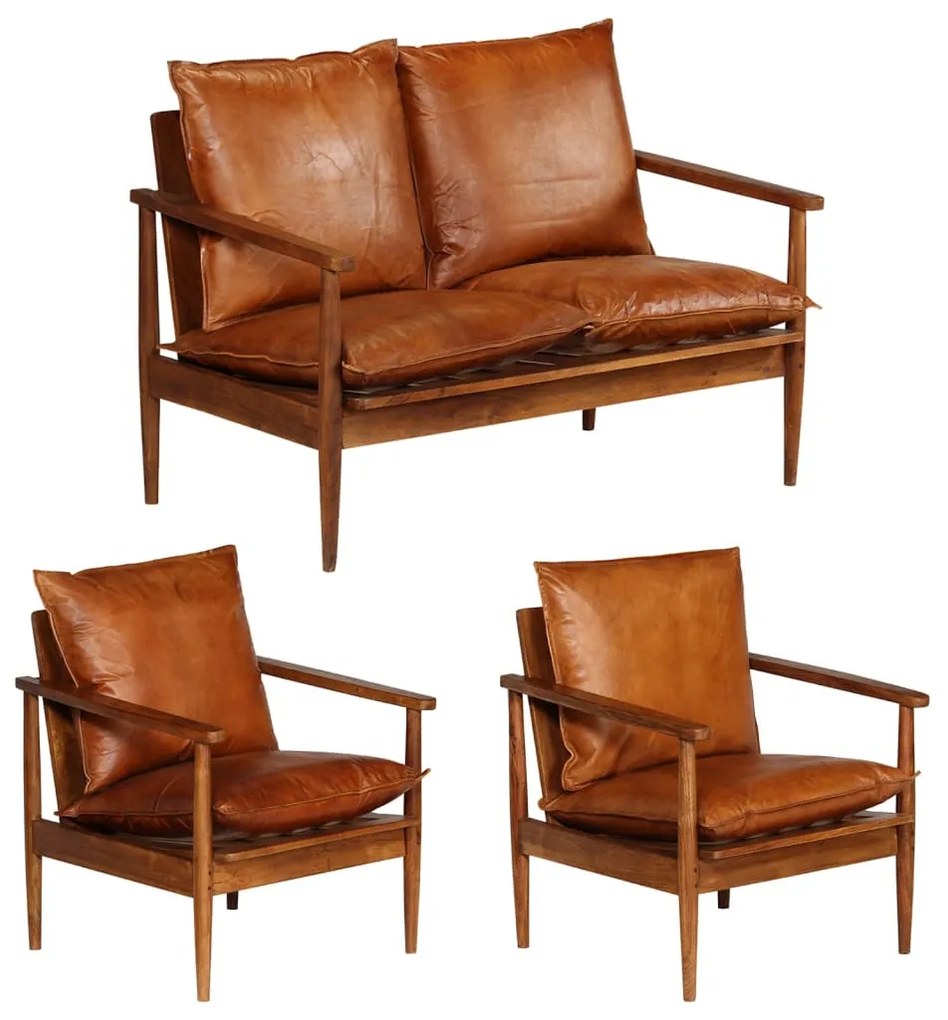 Set divani 3 pz in vera pelle e legno massello acacia marrone
