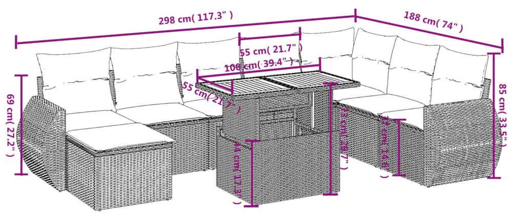 Set divani da giardino 9 pz con cuscini nero in polyrattan