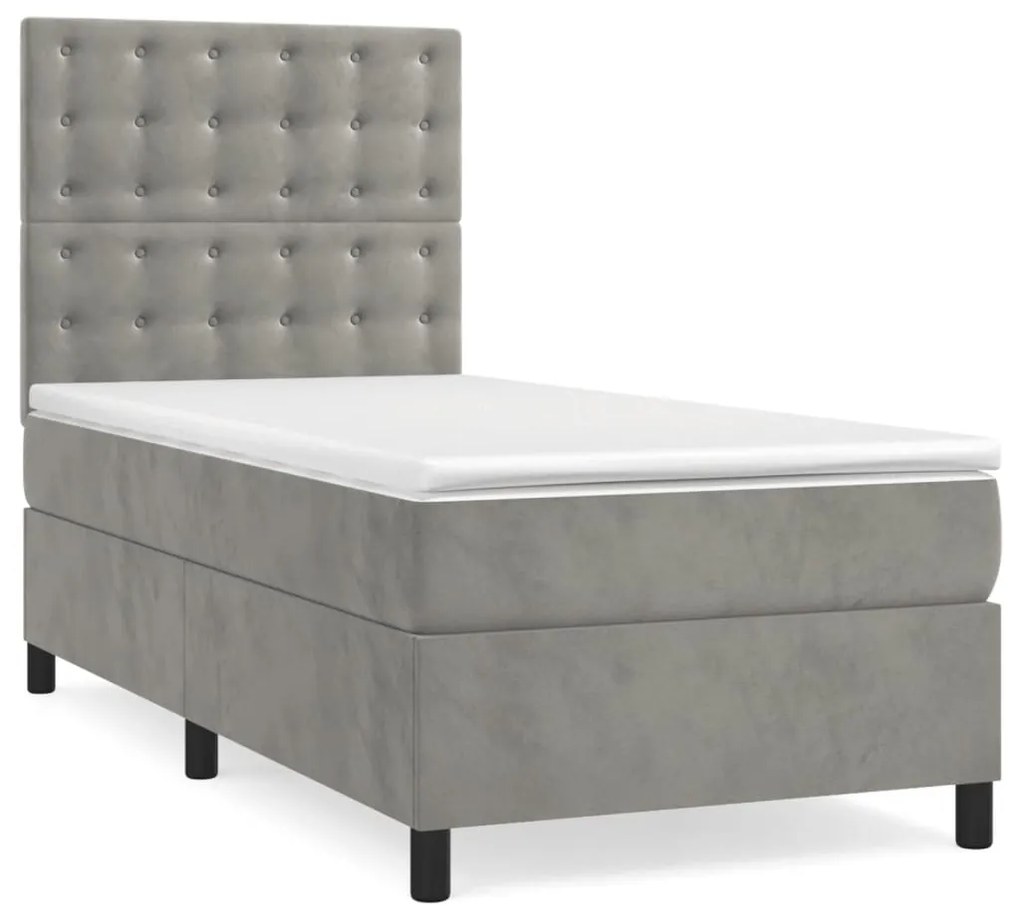 Letto a molle materasso e led grigio chiaro 100x200 cm velluto