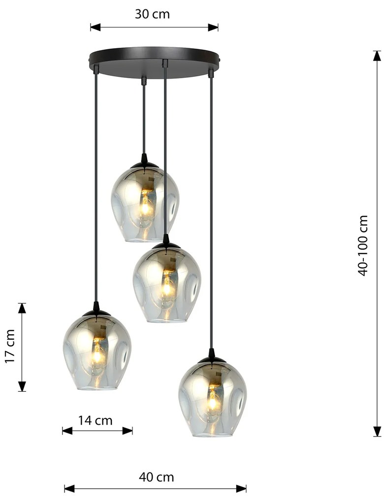 Lampadario 4 Luci Fuxi Base Tonda In Acciaio Nero E Vetri Fumè