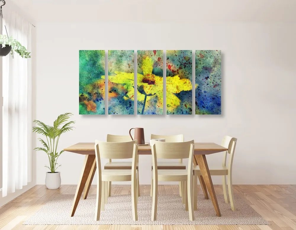 Quadri 5 pezzi – Fiore giallo con tocco vintage