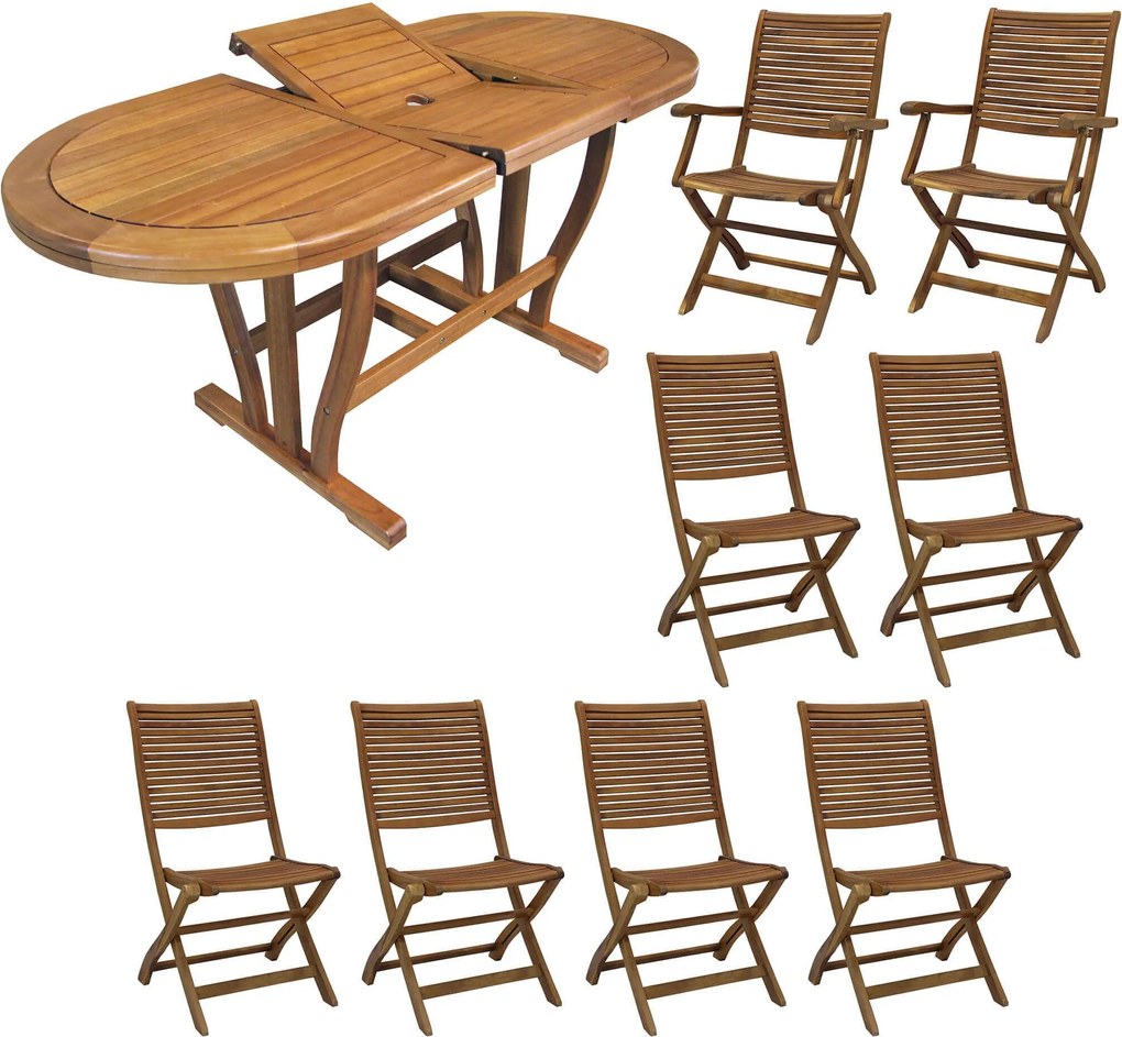 TURRIS - set tavolo in legno massiccio di acacia cm 180/240 x 100 x 74 h con 6 sedie e 2 poltrone Mulier