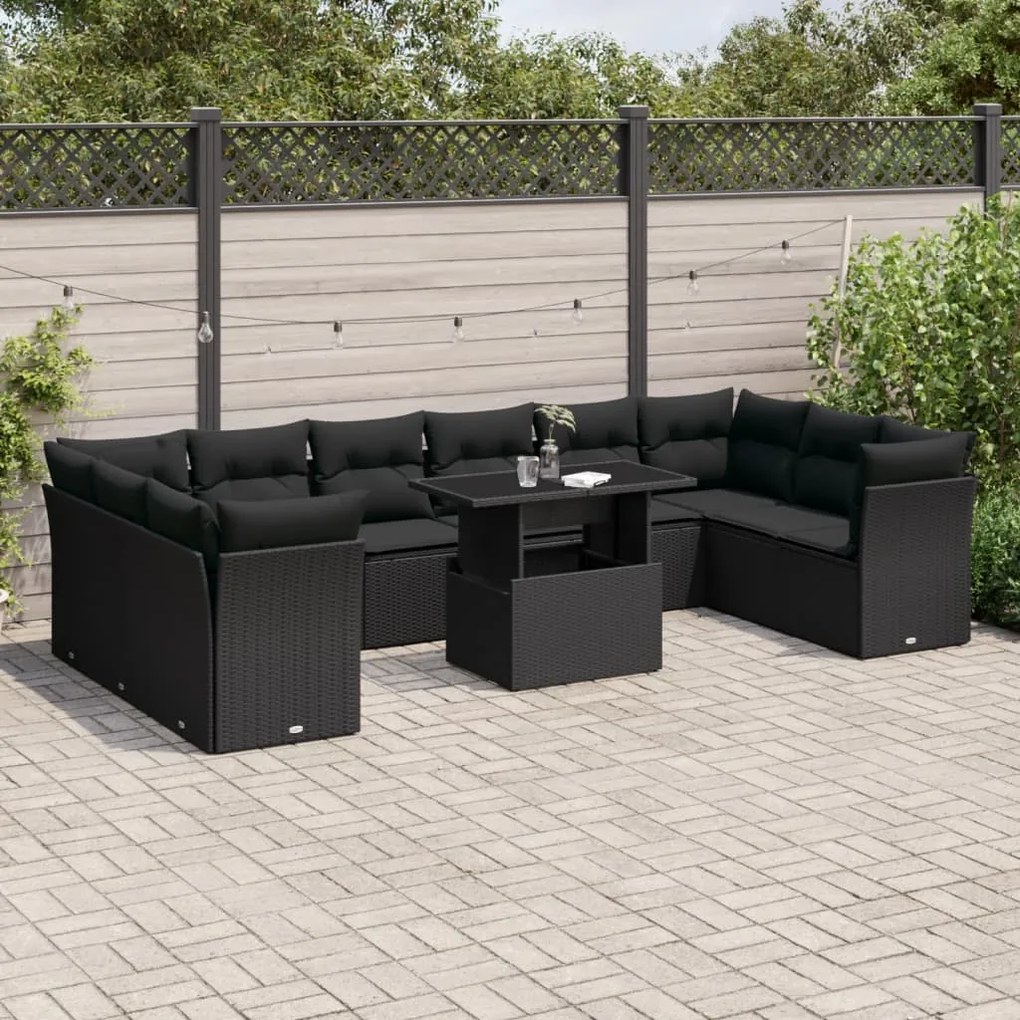 Set divani da giardino 11 pz con cuscini in polyrattan nero