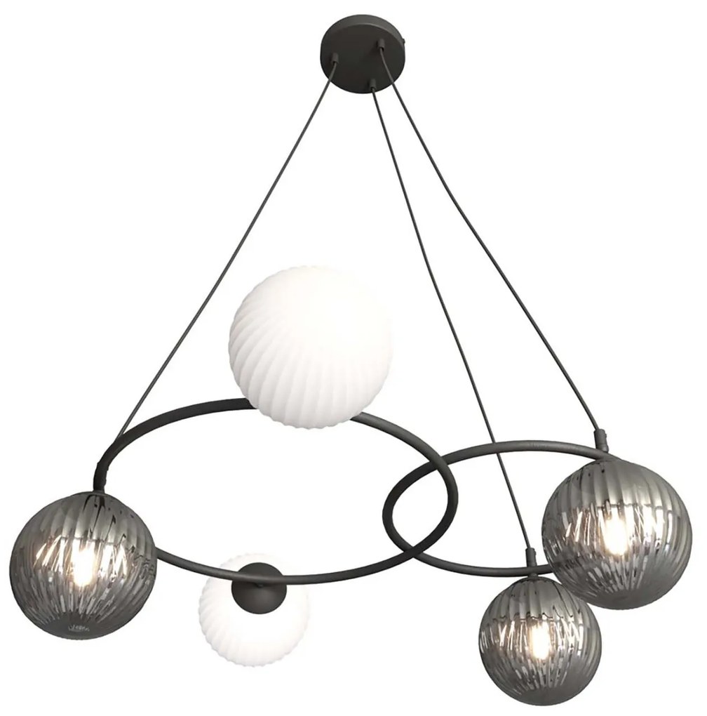 Lampadario 5 Luci Eolo A Cerchi E Diffusori In Vetro Rigato Opale E Fumè