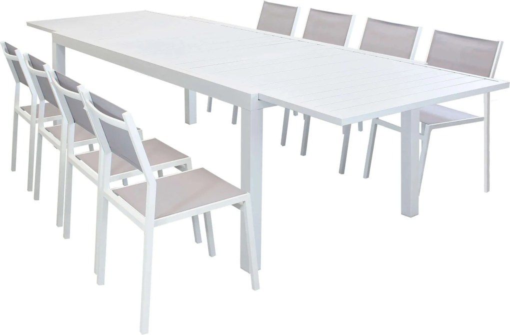 DEXTER - set tavolo in alluminio cm 200/300 x 100 x 74 h con 8 sedie Aulus