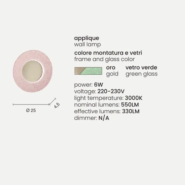 Applique LED CANDY D25 cm in metallo Oro e vetro graniglia Verde
