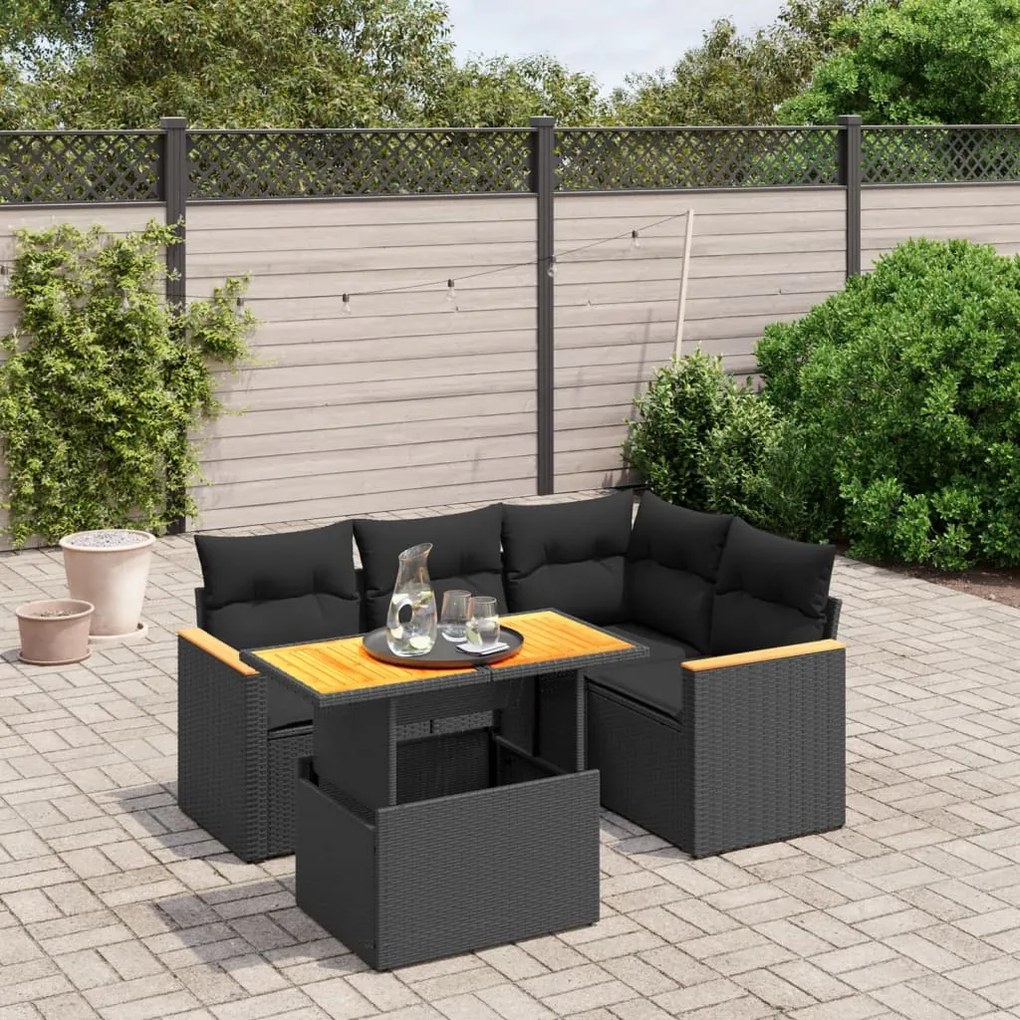 Set divani da giardino 5 pz con cuscini in polyrattan nero