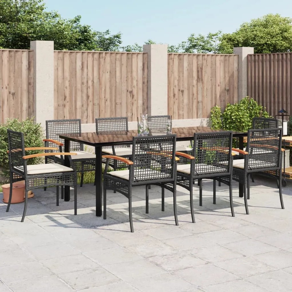 Set da pranzo da giardino 9 pz con cuscini nero in polyrattan