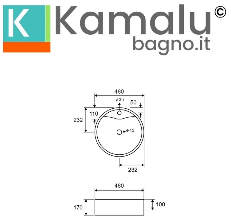 Kamalu - lavabo rotondo da appoggio diametro 46cm in ceramica bianca | litos-446