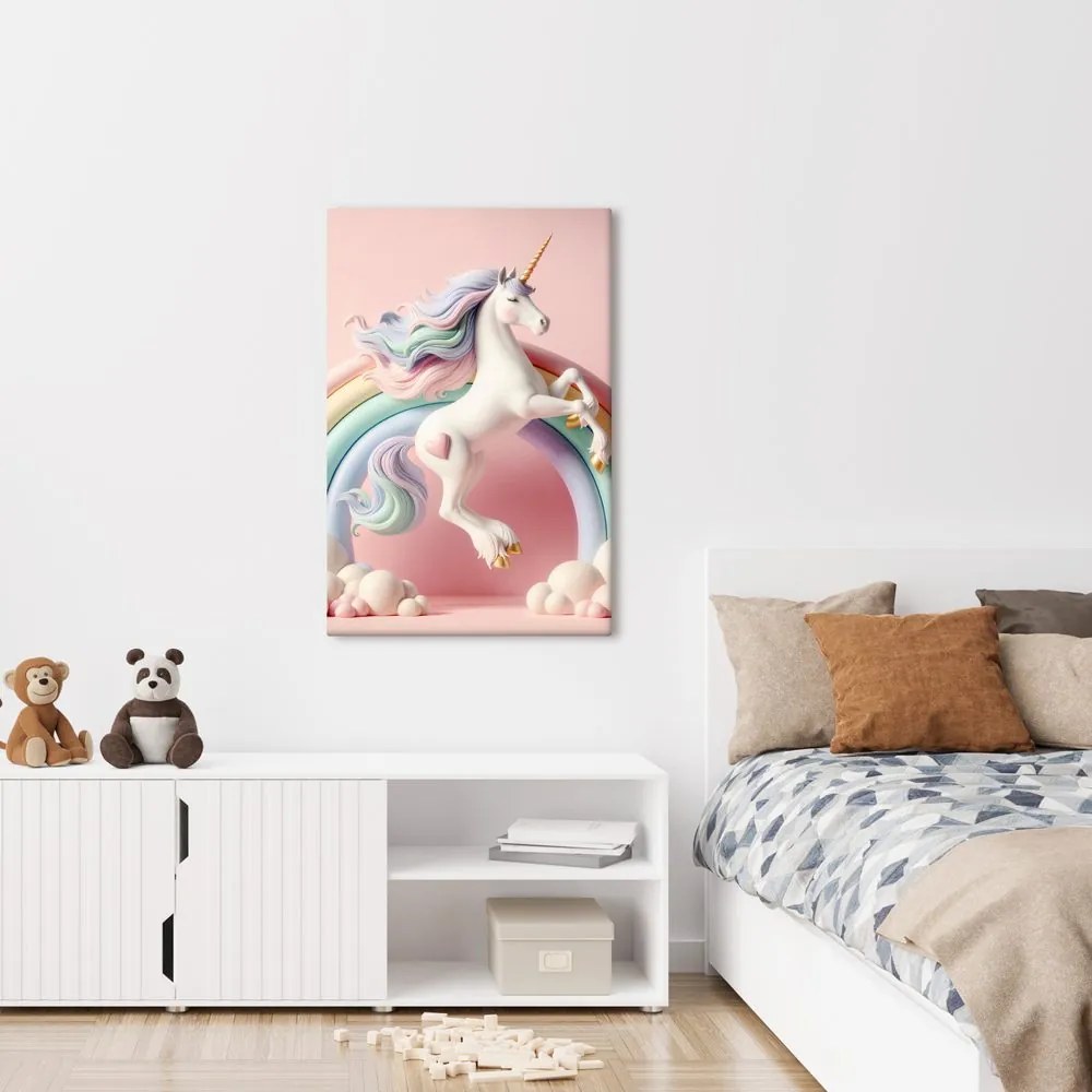 Quadro su tela – Mondo rosa con unicorno e arcobaleno